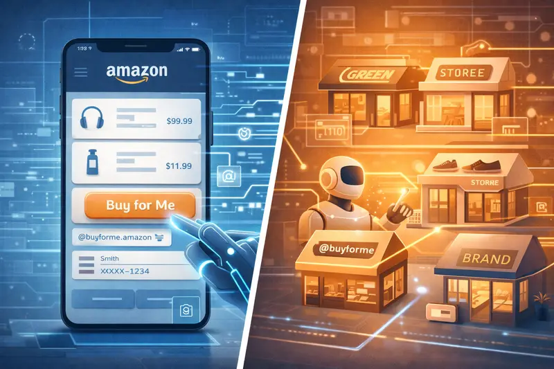 Illustration of an AI assistant buying items online for a user, representing Amazon Buy for Me and platform overreach in e-commerce.