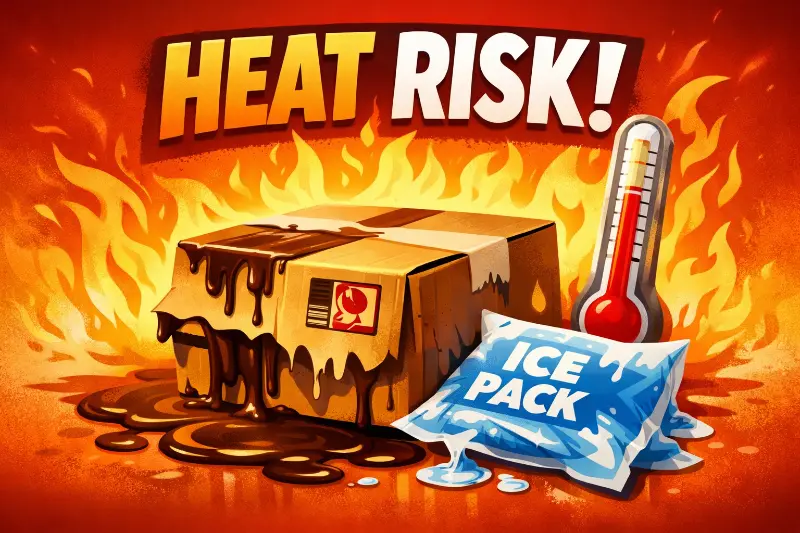 Illustration of a shipping box with melted chocolate surrounded by heat and flames, symbolizing the risks of selling meltable products under Amazon’s seller-fulfilled policy.