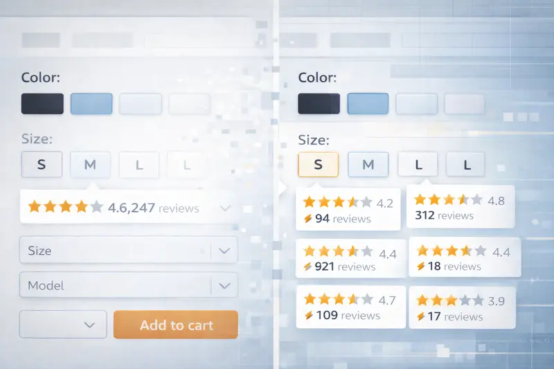 Amazon product detail page showing separate star ratings and review counts for different product variations.