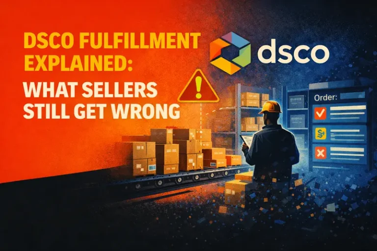 Editorial illustration of a drop ship workflow where orders flow through DSCO systems but fulfillment performance depends on warehouse operations and carrier scans.