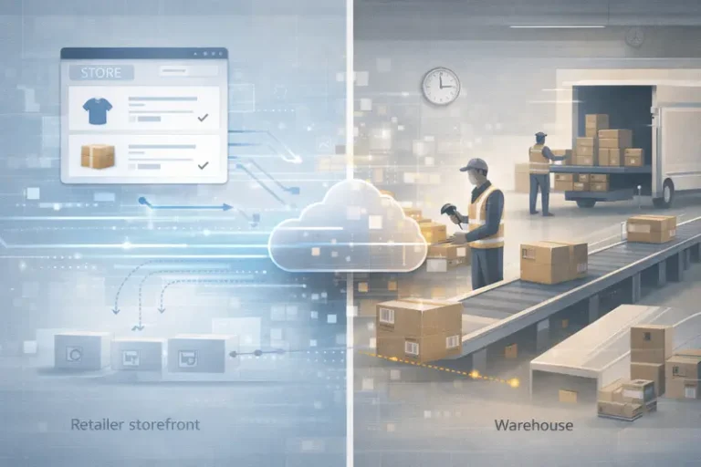 Editorial illustration of a drop ship workflow where orders flow through DSCO systems but fulfillment performance depends on warehouse operations and carrier scans.