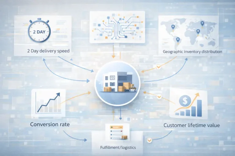 Diagram showing fulfillment performance driving conversion rates, marketplace rankings, and customer lifetime value in modern ecommerce