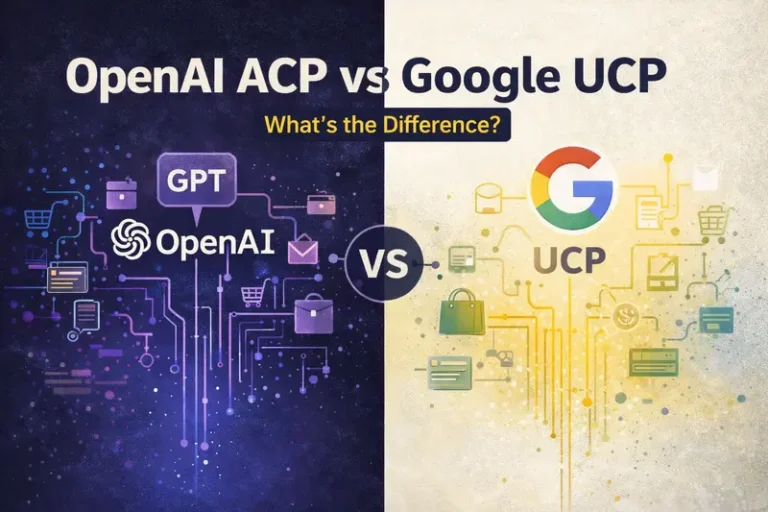 Editorial illustration showing an AI agent layer for shopping decisions and a separate checkout protocol layer for transaction execution across merchants.