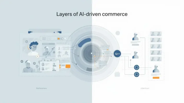 Editorial illustration showing an AI agent layer for shopping decisions and a separate checkout protocol layer for transaction execution across merchants.