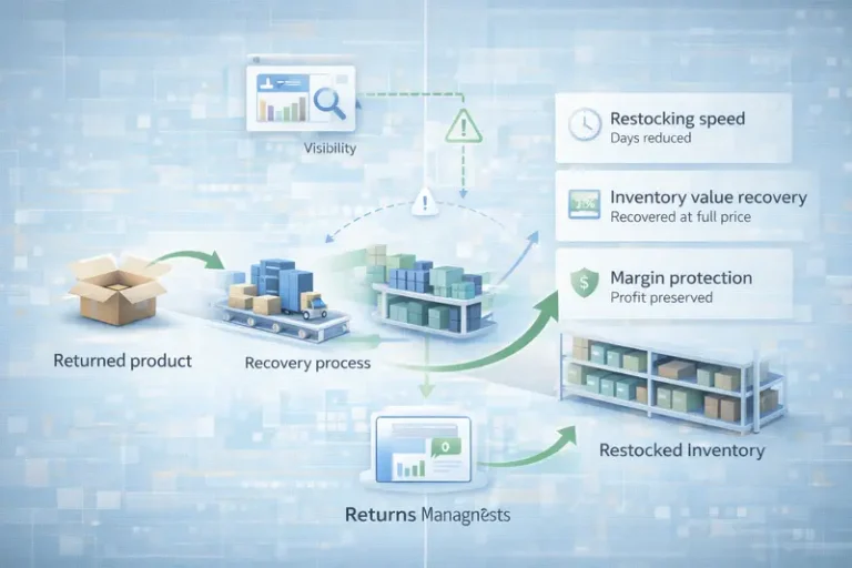 Diagram showing returns management as strategic system connecting restocking speed, inventory recovery, and margin protection in ecommerce operations