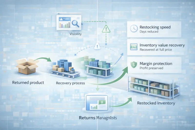 Diagram showing returns management as strategic system connecting restocking speed, inventory recovery, and margin protection in ecommerce operations