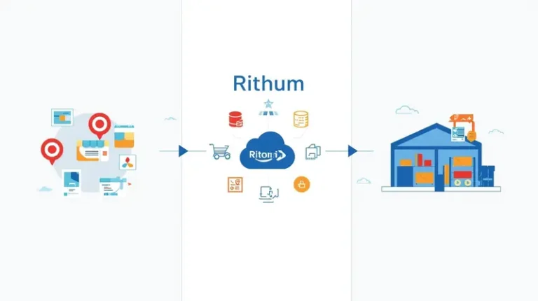 Diagram showing Rithum order orchestration connecting retailers to 3PL fulfillment centers with order routing and inventory sync