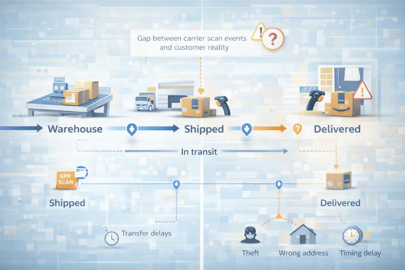 Diagram showing package journey from shipped status through carrier scan events to delivered status with customer support implications