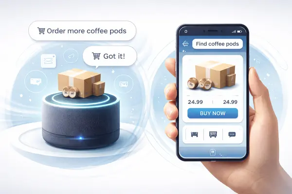Voice-activated devices like smart speakers (left) and mobile apps (right) can become shopping interfaces