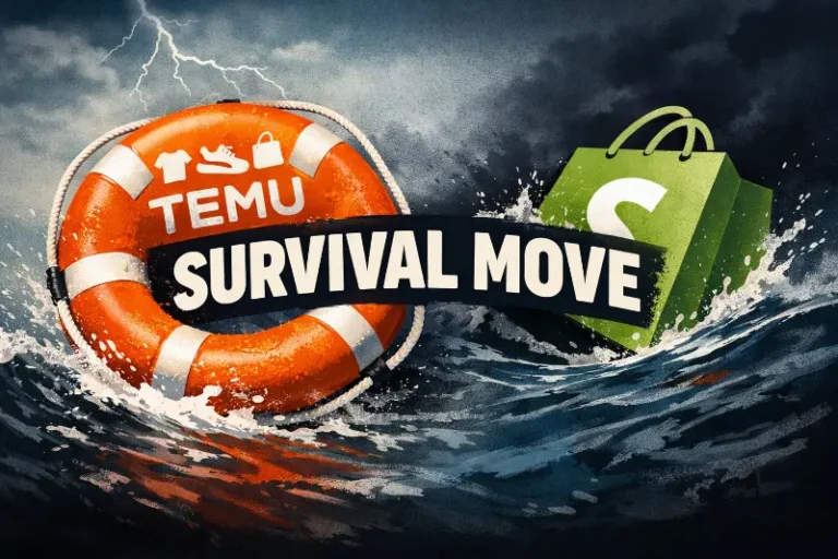 Illustration showing Temu as a lifebuoy in rough water and a Shopify bag sinking, symbolizing Temu’s Shopify integration as a survival move rather than a seller windfall