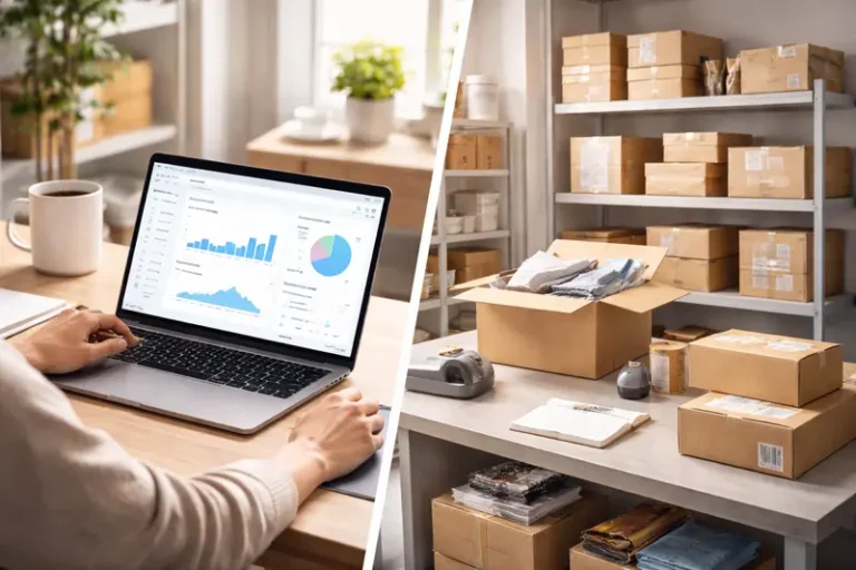 Shopify merchant evaluating marketplace sales channels on laptop with shipping boxes in background