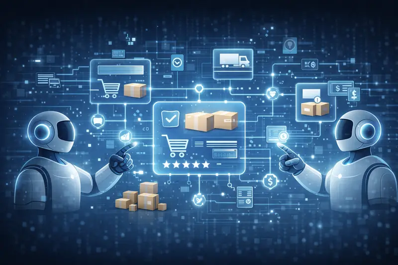 Illustration representing the Universal Commerce Protocol (UCP) enabling AI agents to discover products and complete transactions across ecommerce platforms