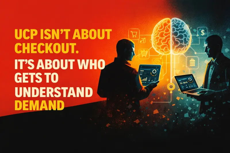 Editorial illustration of an AI shopping agent mediating discovery and purchase while merchants see only the final order, symbolizing lost demand visibility.
