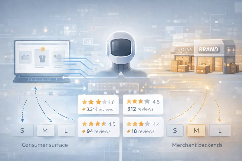Editorial illustration of an AI shopping agent mediating discovery and purchase while merchants see only the final order, symbolizing lost demand visibility.