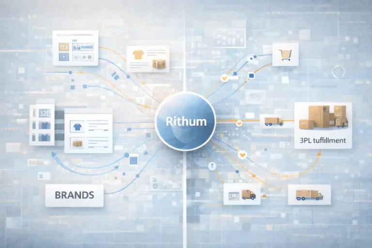 Diagram showing Rithum commerce platform connecting brands to multiple retail channels with order orchestration and inventory management