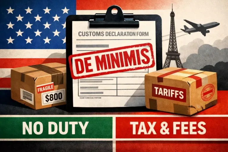 International shipping packages and customs documentation illustrating de minimis threshold impact on cross-border ecommerce