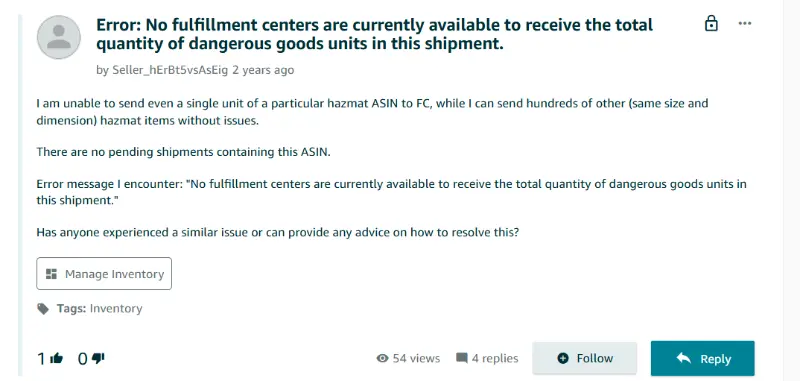 Amazon Seller Central screenshot displaying a message that no fulfillment centers are available to receive dangerous goods