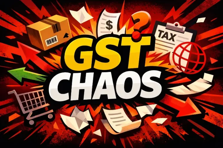 Icon representing Ecommerce sellers reviewing GST tax documents and chaos of compliance requirements across multiple jurisdictions