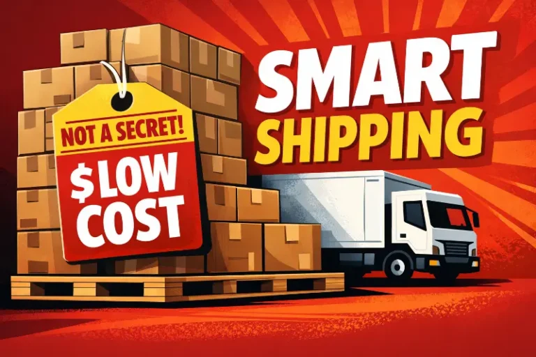 Stacked shipping boxes with bold “SMART SHIPPING” headline emphasizing operational efficiency over secret carrier rates for lower commercial shipping costs