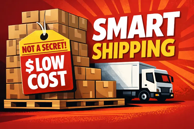 Stacked shipping boxes with bold “SMART SHIPPING” headline emphasizing operational efficiency over secret carrier rates for lower commercial shipping costs