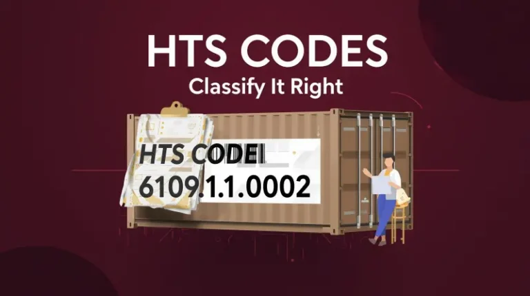 Shipping container with HTS numerical code overlay and customs documentation illustrating import product classification