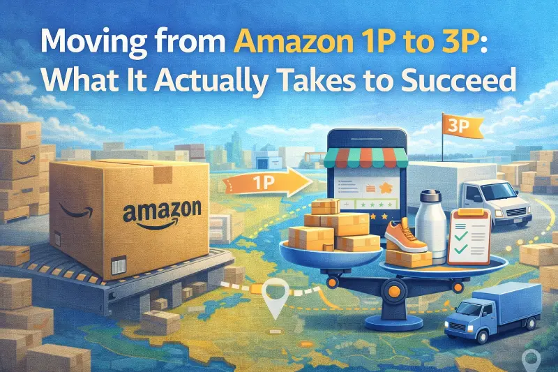 Amazon Seller Central transition showing FBA performance metrics, Prime badge requirements, inventory management controls, and operational accountability shift from vendor to seller model