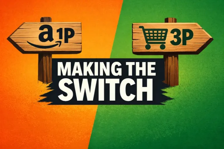 Amazon Seller Central transition showing FBA performance metrics, Prime badge requirements, inventory management controls, and operational accountability shift from vendor to seller model