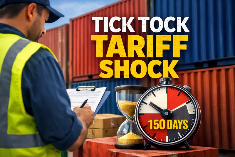 Warehouse worker reviewing import paperwork beside shipping containers with hourglass and large timer reading 150 days, headline text “Tick Tock Tariff Shock” representing Section 122 tariff deadline pressure for ecommerce brands
