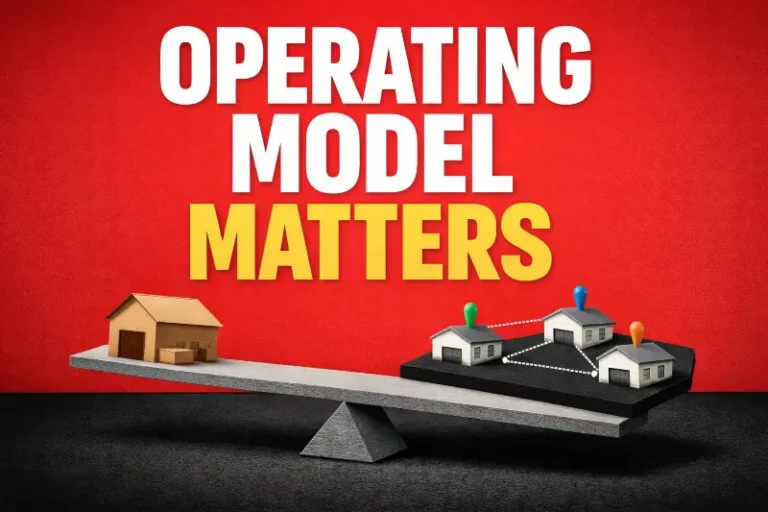 Seesaw illustration contrasting a single centralized warehouse with a balanced distributed fulfillment network, symbolizing operating model resilience for Seller Fulfilled Prime