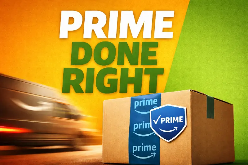 Seller-fulfilled Prime shipping box representing a controlled, well-run operating model for Amazon Prime delivery