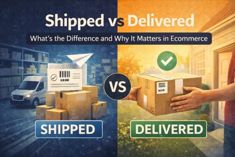 Diagram showing package journey from shipped status through carrier scan events to delivered status with customer support implications