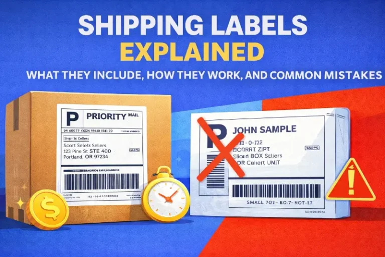 Image showing shipping label components including barcodes, addresses, tracking numbers side-by-side with a common error