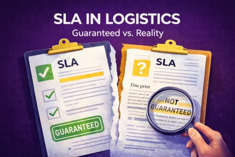 Contract document with checkmark and question mark showing the gap between SLA guarantees and actual coverage in logistics operations