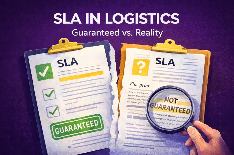 Contract document with checkmark and question mark showing the gap between SLA guarantees and actual coverage in logistics operations