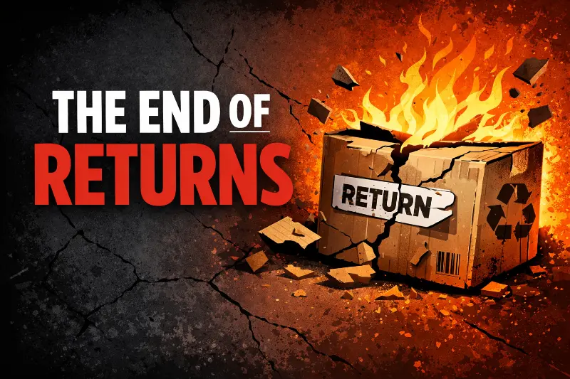 Burning cardboard return box symbolizing the collapse of traditional ecommerce returns systems