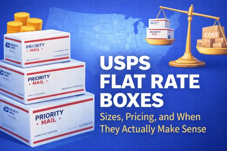 Comparison diagram showing USPS Flat Rate boxes versus weight-based Priority Mail with cost breakpoints and zone distance analysis