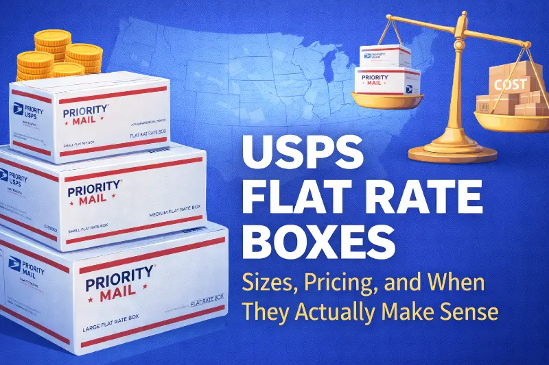 Comparison diagram showing USPS Flat Rate boxes versus weight-based Priority Mail with cost breakpoints and zone distance analysis