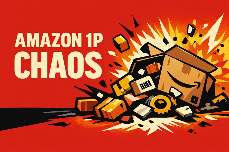 Amazon Vendor Central dashboard showing pricing control loss, inventory forecasting challenges, and cash flow constraints in first-party wholesale selling model