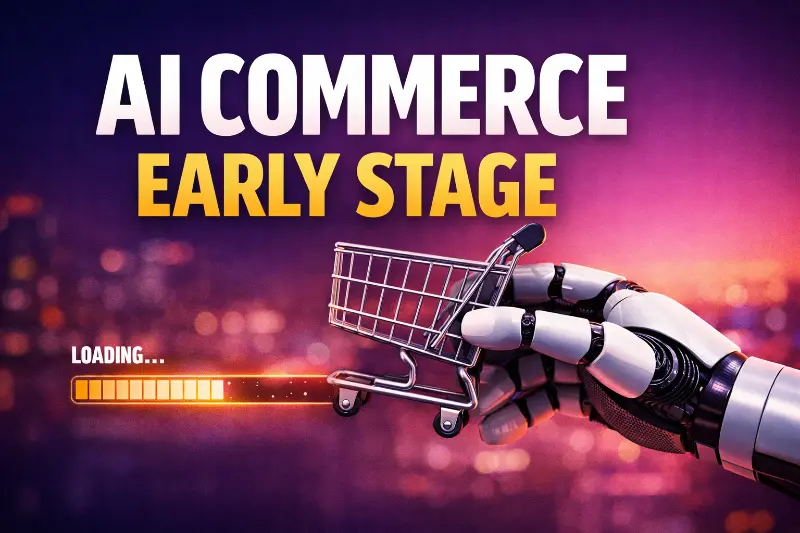 Robot hand holding a shopping cart with bold text 'AI Commerce Early Stage,' representing the early emergence of AI-driven ecommerce discovery.