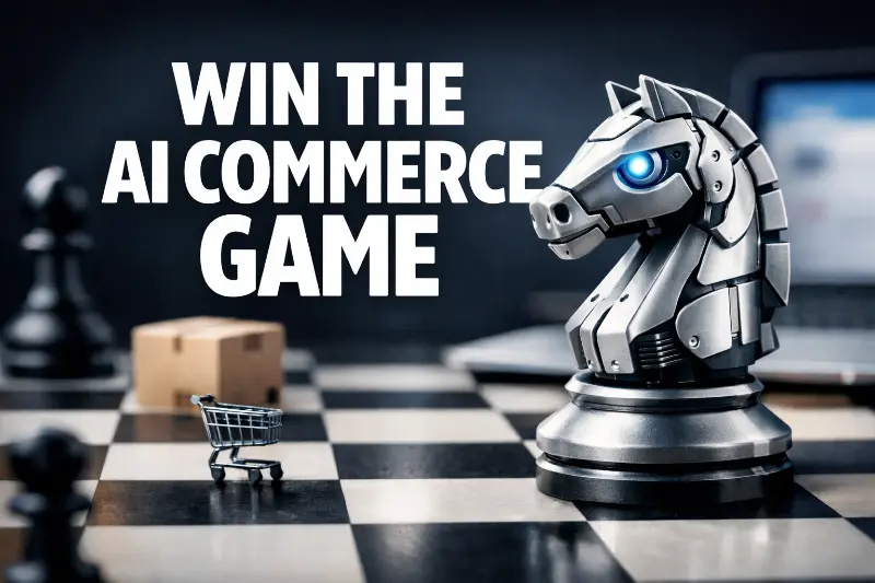 Robot chess knight representing AI-driven ecommerce strategy with bold text 'Win the AI Commerce Game,' symbolizing strategic competition in algorithm-driven commerce.