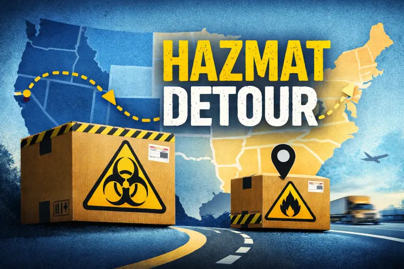 Amazon FBA hazmat shipment detour concept showing hazardous material boxes and cross-country routing across the United States.