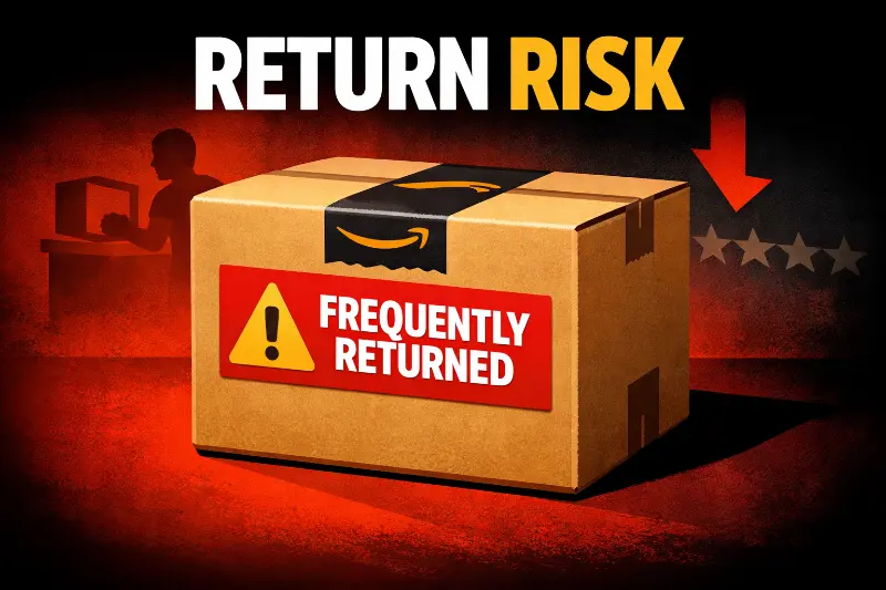 Amazon-style shipping box marked with bold “Frequently Returned” warning label symbolizing return risk for sellers