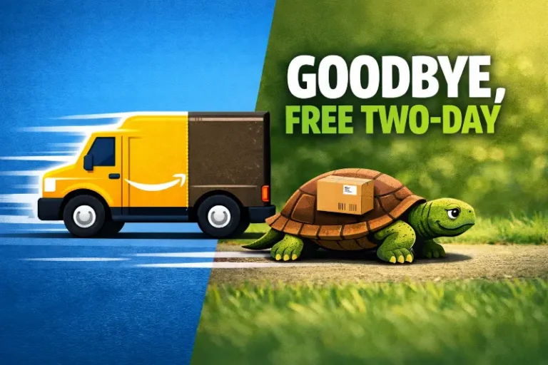 Illustration of slower delivery replacing fast shipping expectations in ecommerce logistics