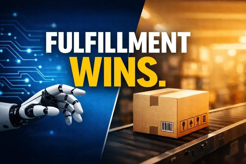 Robot hand reaching toward a shipping box on a conveyor belt with the headline 'Fulfillment Wins'
