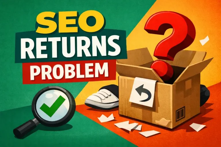 "SEO RETURNS PROBLEM" - bold poster-style illustration showing a cardboard return box with a large red question mark emerging, symbolizing how ecommerce keyword optimization can create confusion and increase product returns.