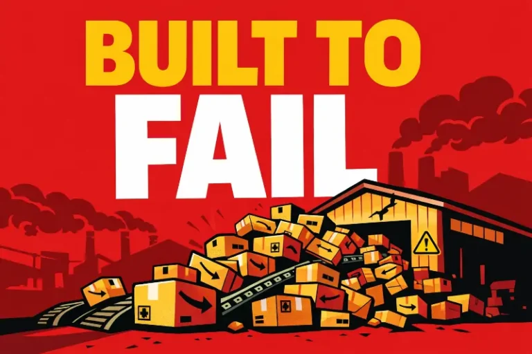 Overloaded warehouse collapsing under massive pile of ecommerce return boxes with bold “BUILT TO FAIL” headline representing structural failure of the returns model