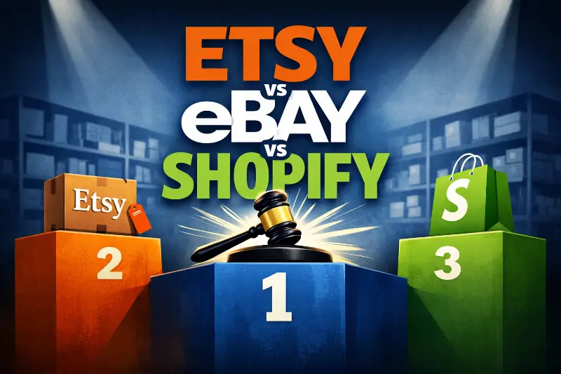 Operational comparison concept image showing Etsy vs eBay vs Shopify as competing platforms, representing fulfillment and scale differences across marketplaces and DTC ecommerce