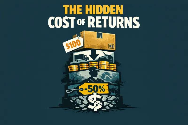 Cost of returns illustration showing a $100 product return triggering stacked financial losses including shipping, labor, markdown, and margin erosion.