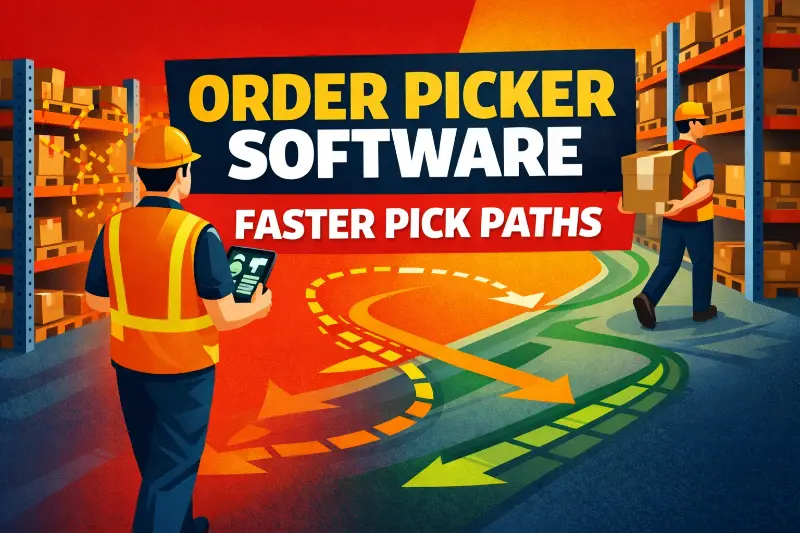 Bold “ORDER PICKER SOFTWARE” headline over a warehouse scene with a single picker following a highlighted optimized path between shelves, representing reduced travel time and higher throughput