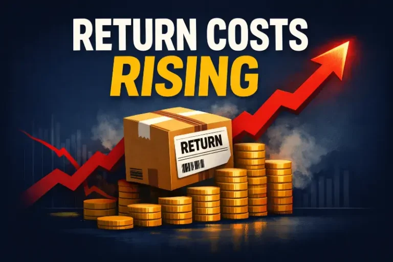 High-contrast illustration of a return-labeled ecommerce package sitting on stacked coins with bold headline “Return Costs Rising,” symbolizing ecommerce returns eroding profit margins.